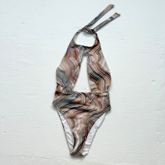 Helen Owen Marble Print Plunge Halter One Piece Swimsuit, Size XS - Picture 1 of 6